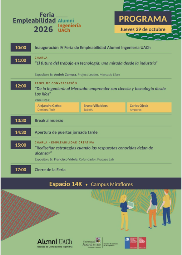 Programa IV Feria de Empleabilidad Alumni Ingeniería UACh 2026, jueves 29 de octubre, Espacio 14K, Campus Miraflores